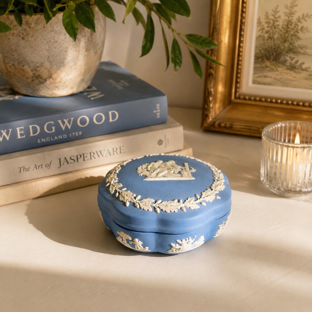 Wedgwood Blue Jasperware Aesculapius Scalloped Trinket Box England 5"